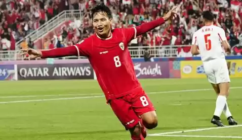 Pemain timnas Indonesia U-23 Witan Sulaeman, berselebrasi seusai mencetak gol dalam kemenangan 4-1 atas Yordania U-23 pada laga terakhir Grup A Piala Asia U-23 2024 Qatar di Stadion Abdullan bin Khalifa, Doha, Minggu (21/4/2024). (Foto: PSSI)
