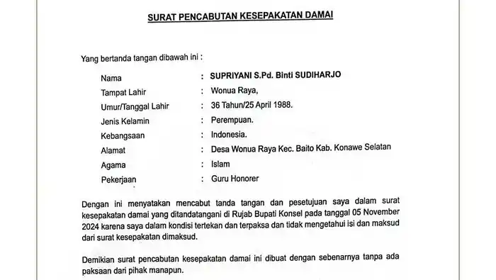 Supriyani Cabut Surat Kesepakatan Damai
